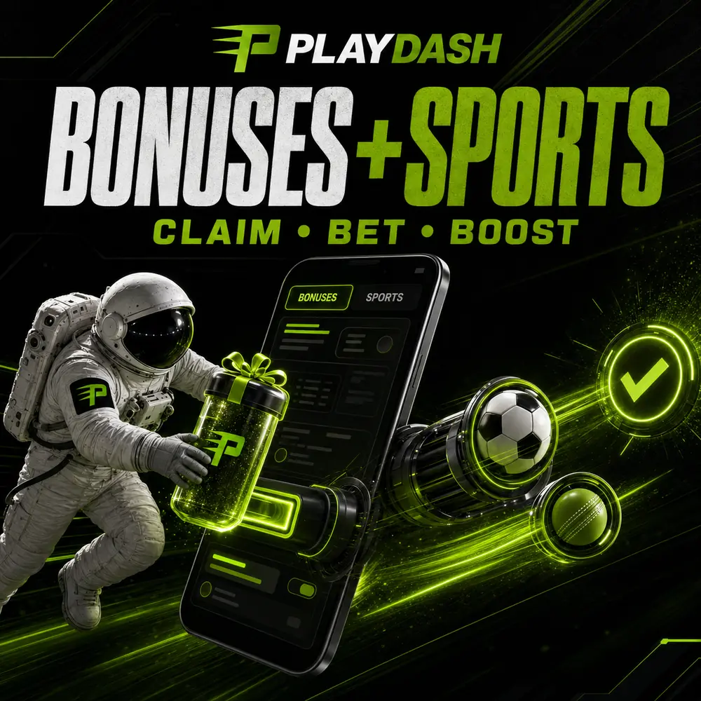 PlayDash Bonuses and Sports tabs with mobile rewards and betting